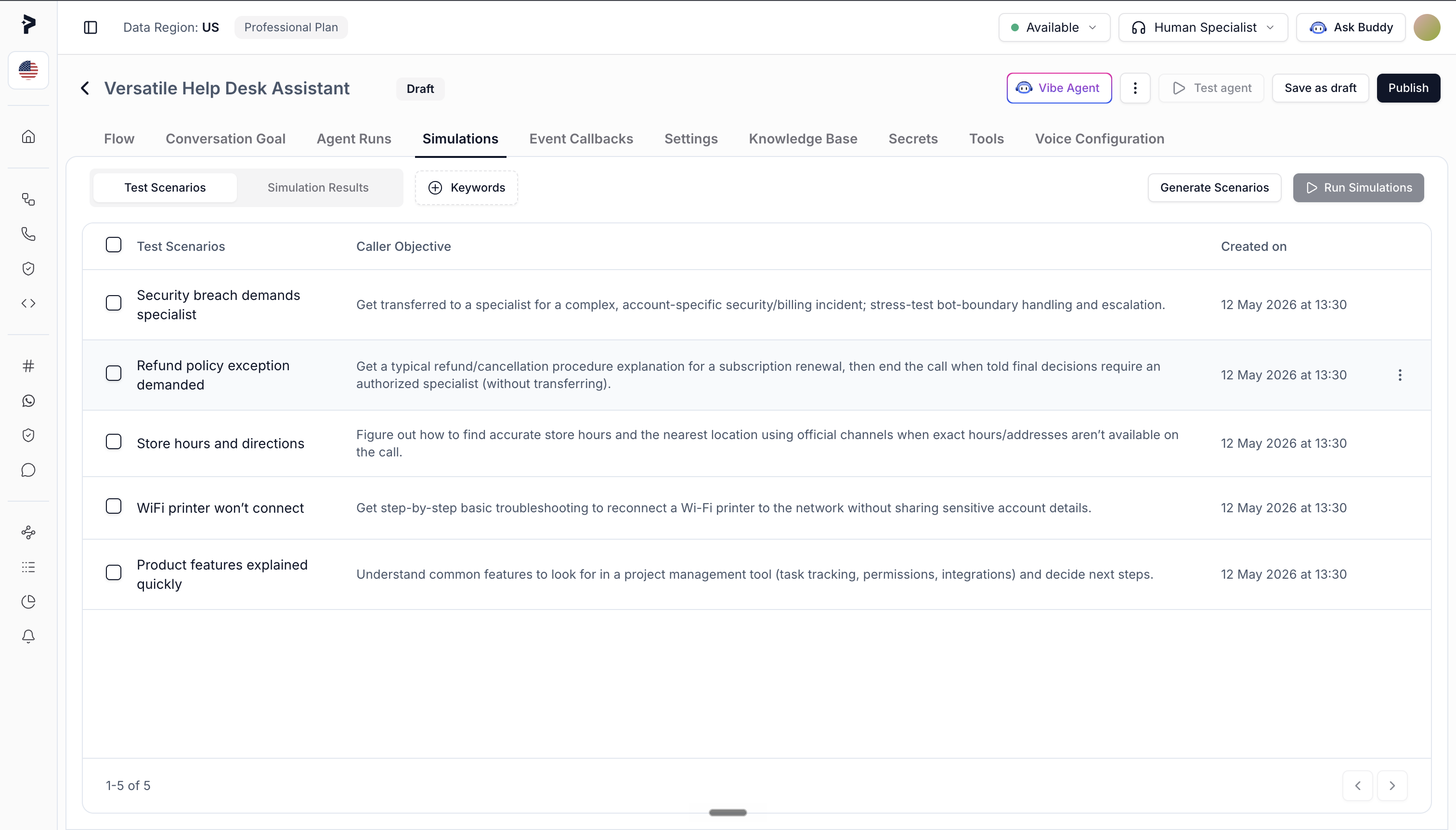 Simulation test scenarios with caller objectives for security breach, refund policy, store directions, WiFi troubleshooting, and product features
